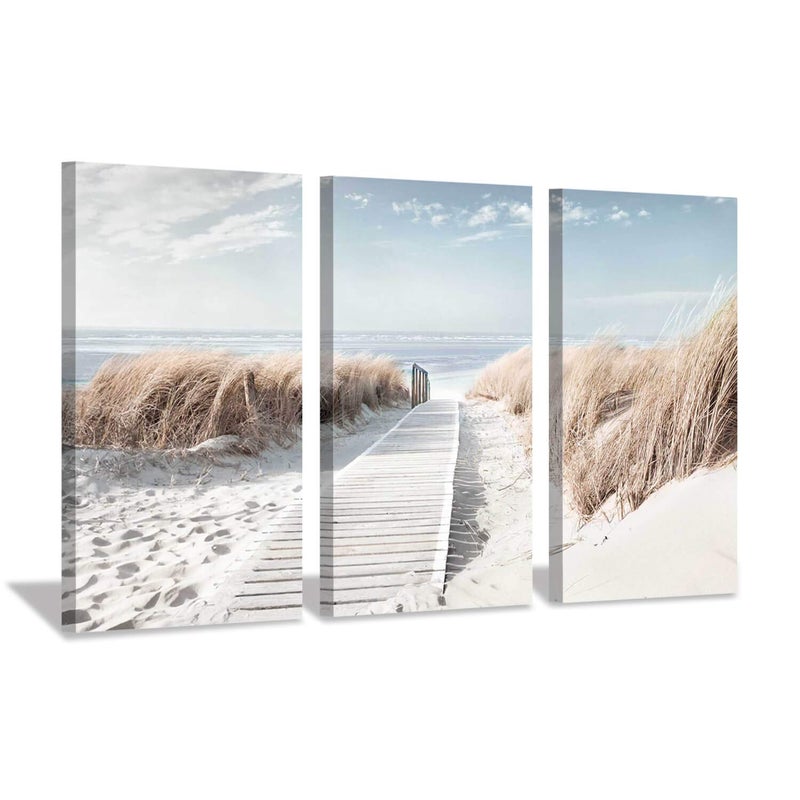 Hardy Gallery Beach Scene Picture Coastal Painting: Oceanside Sea Grass Trail Artwork on Canvas Print for Office(26''x16''x3pcs) - Image 1